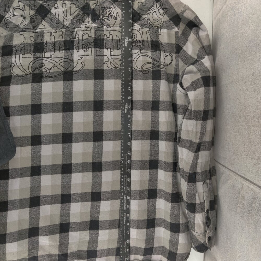 True Love False Idols Shirt Men 3XL Gray Plaid Flannel Shacket Lined Embroidered - Picture 13 of 16